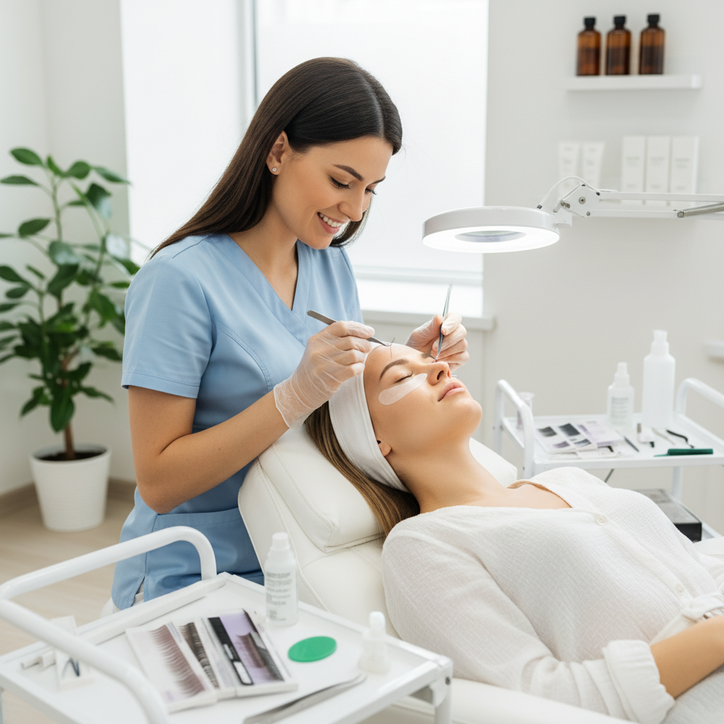 Lash technician applying extensions in a professional salon
