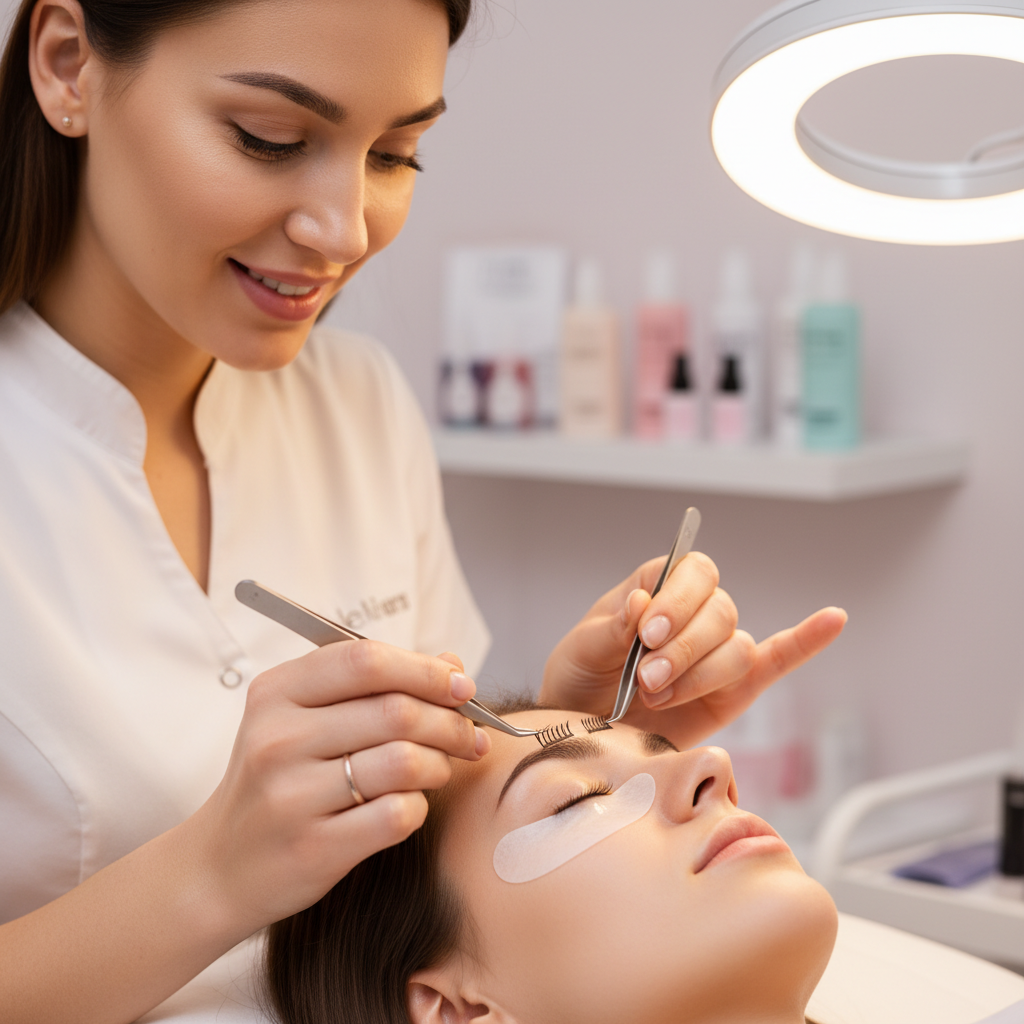 A professional lash technician carefully applying a premade volume fan