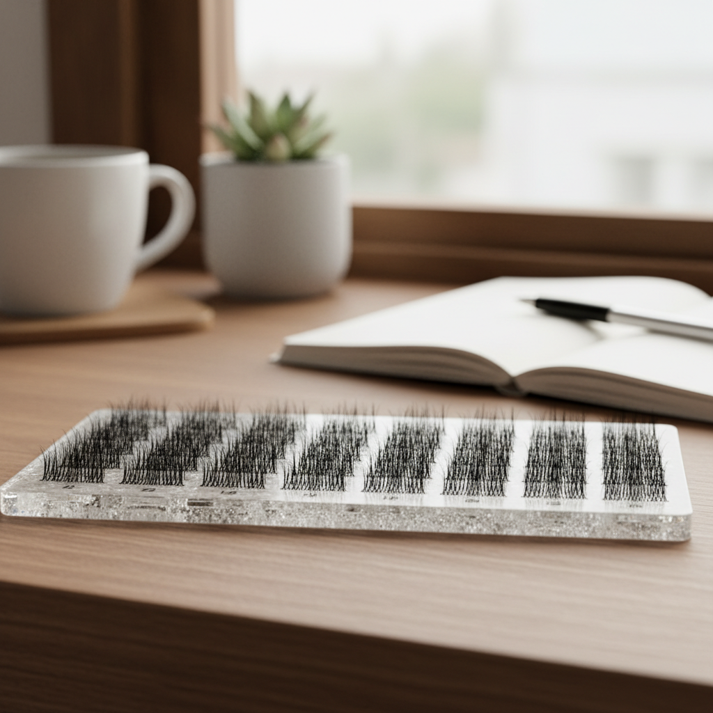 Close-up of high-quality Korean premade lash fans on a tray