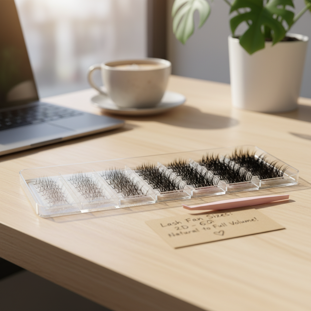 An organized tray of varied lash fan sizes from 2D to 6D