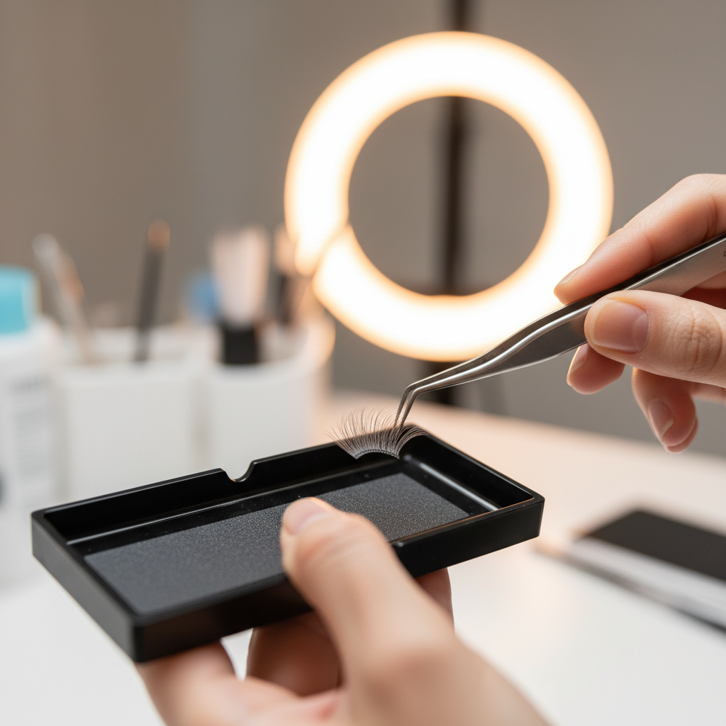 Lash artist picking up a promade fan from a tray