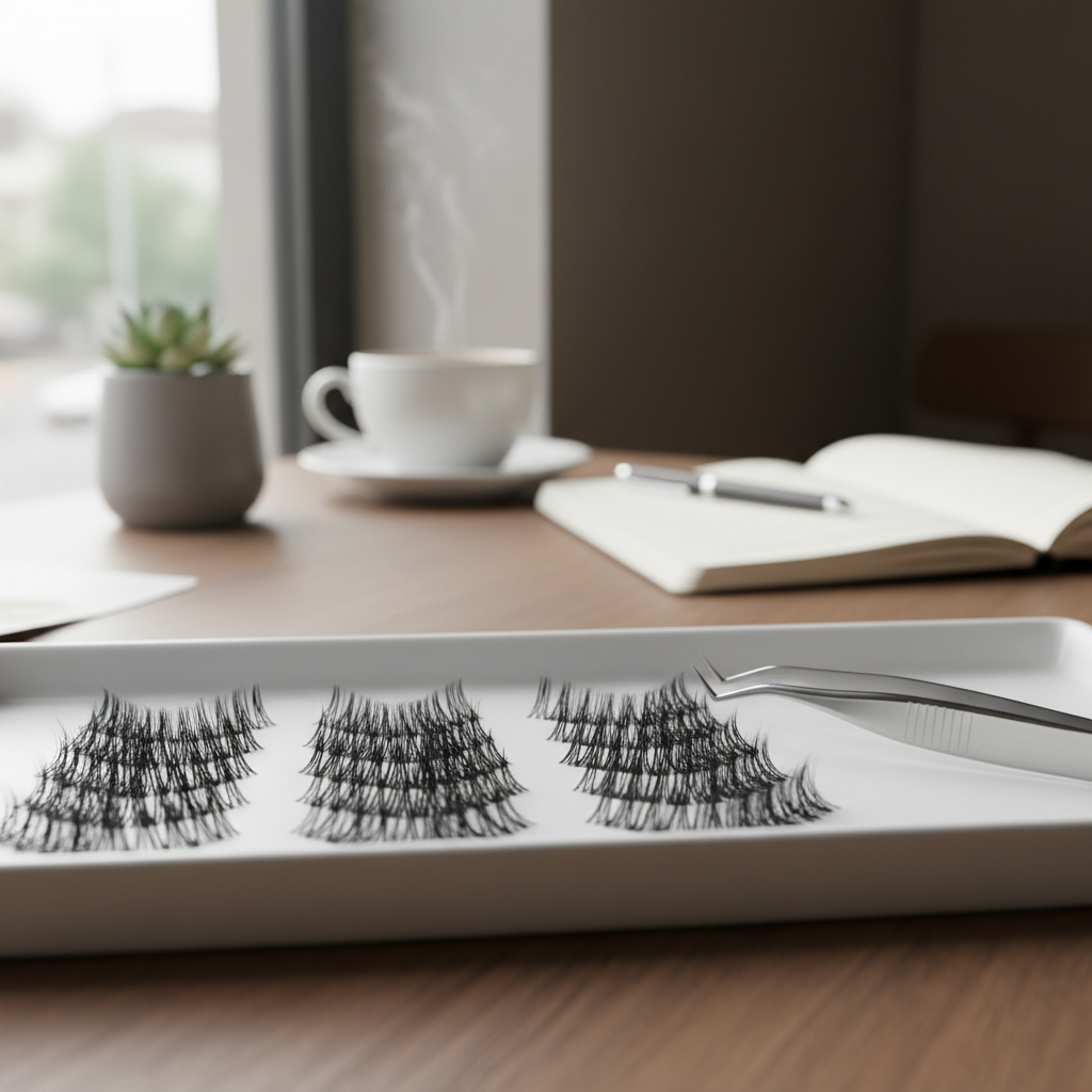 Close-up of matte black eyelash extension fans on a tray