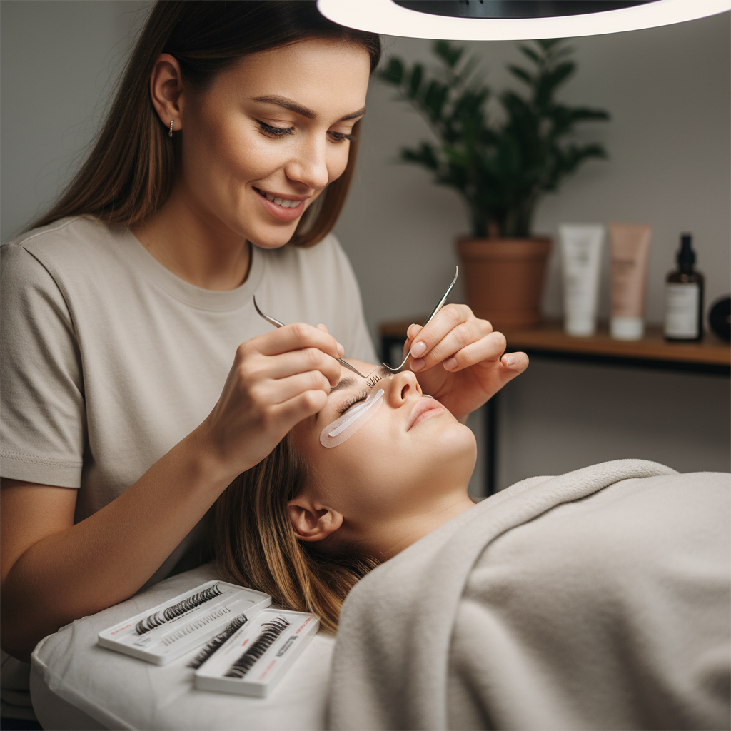Lash artist applying a mix of fans for texture