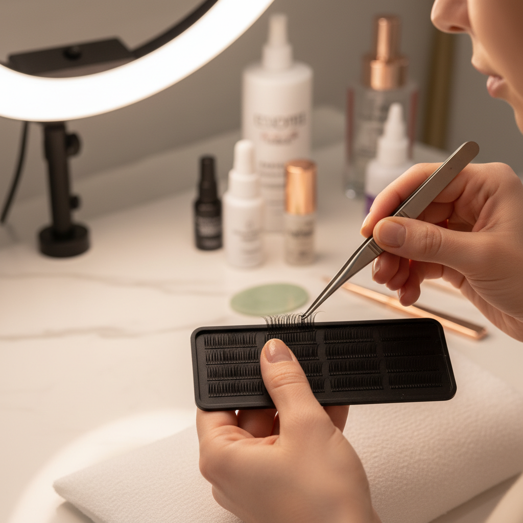 Lash artist applying promade volume fans in a salon