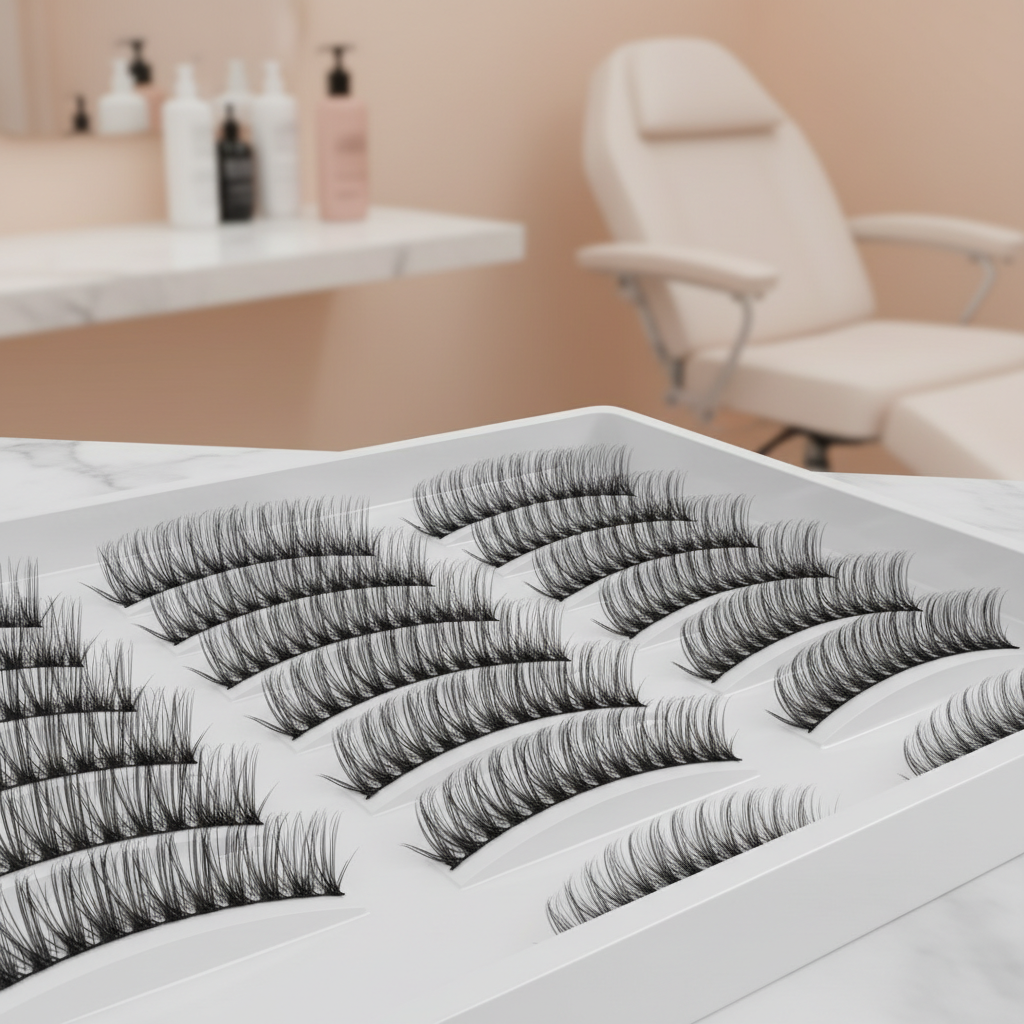 Close-up of professional promade lash fans in an organized tray