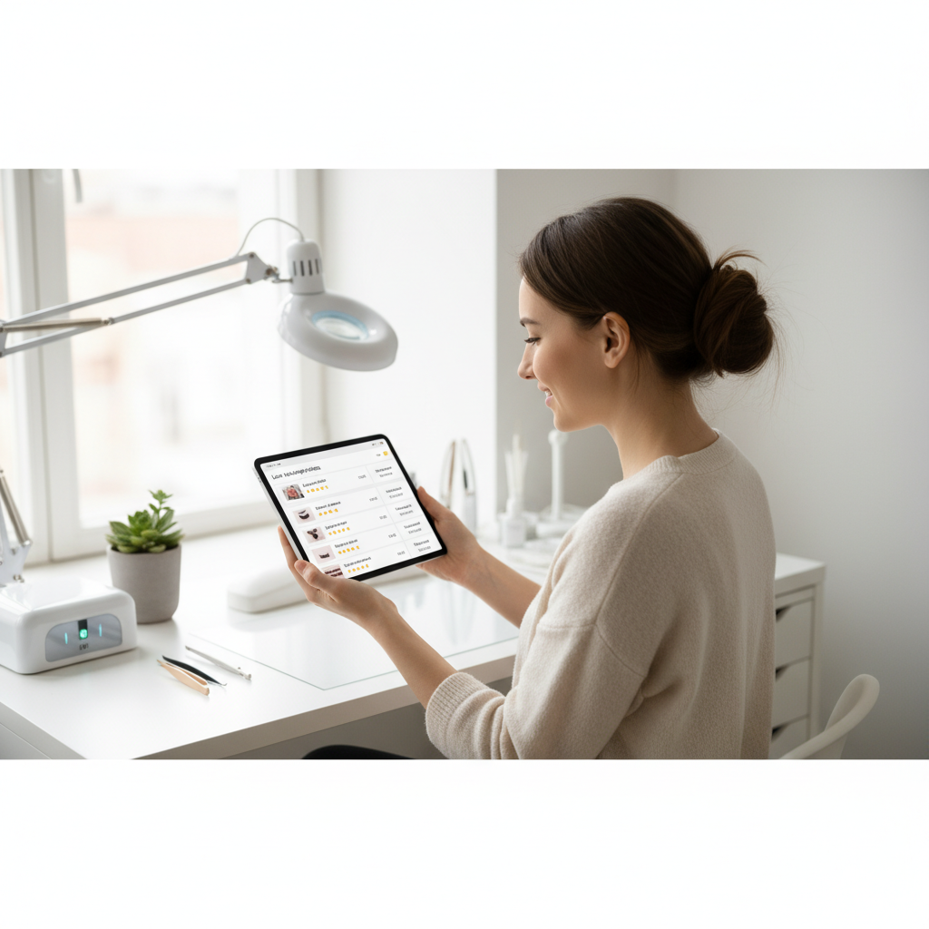 Lash artist vetting suppliers on a tablet