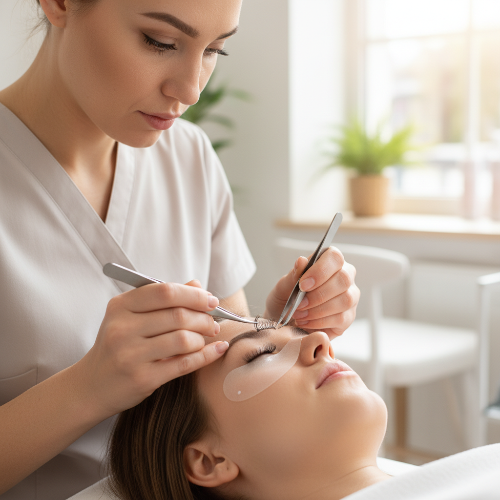 Lash artist applying extensions to a client