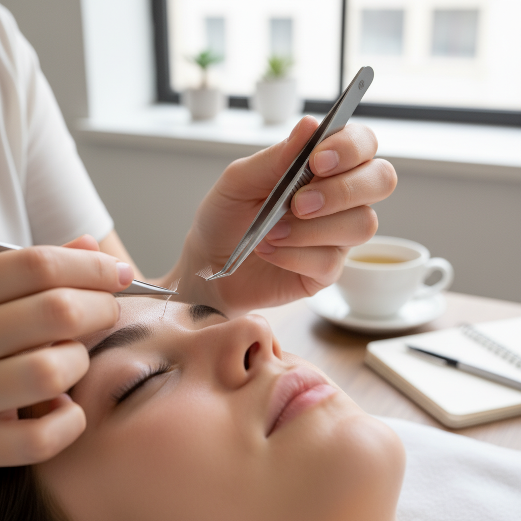 Lash artist applying a thin-root premade fan