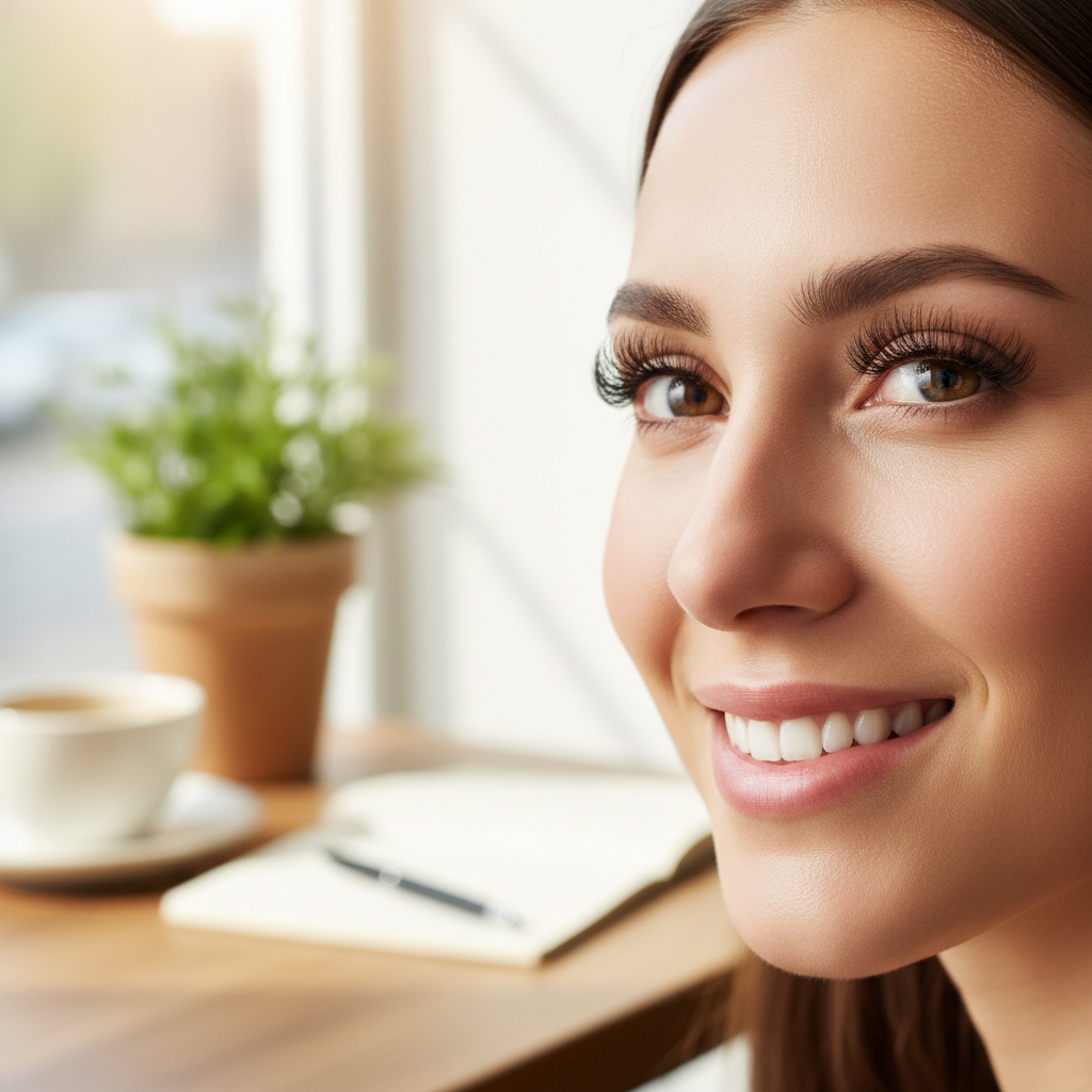 Woman with long-lasting eyelash extensions aftercare