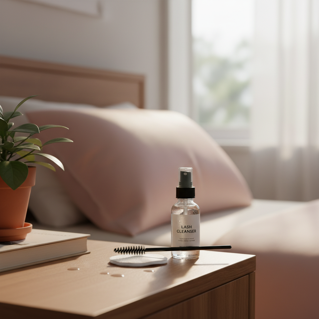 Beauty routine with silk pillowcase and lash wand
