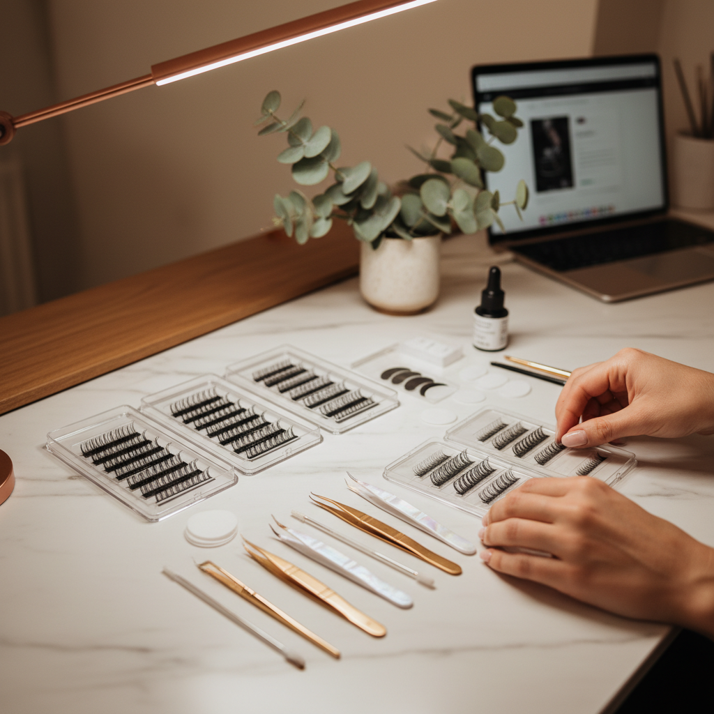 Professional lash trays on a workspace