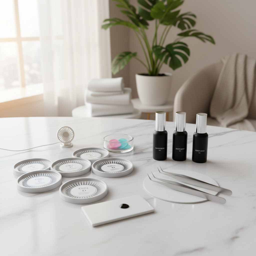 Organized lash artist workstation with professional supplies