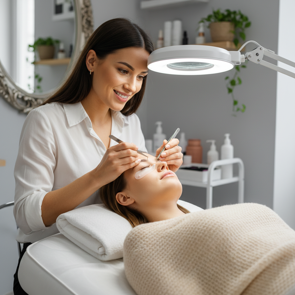 Lash artist selecting extensions for a specific eye shape