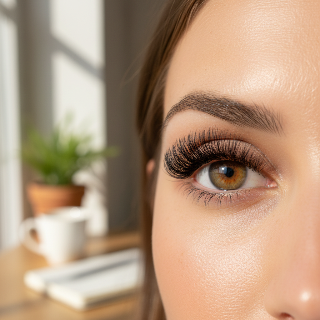 Close-up of soft matte black volume lash extensions