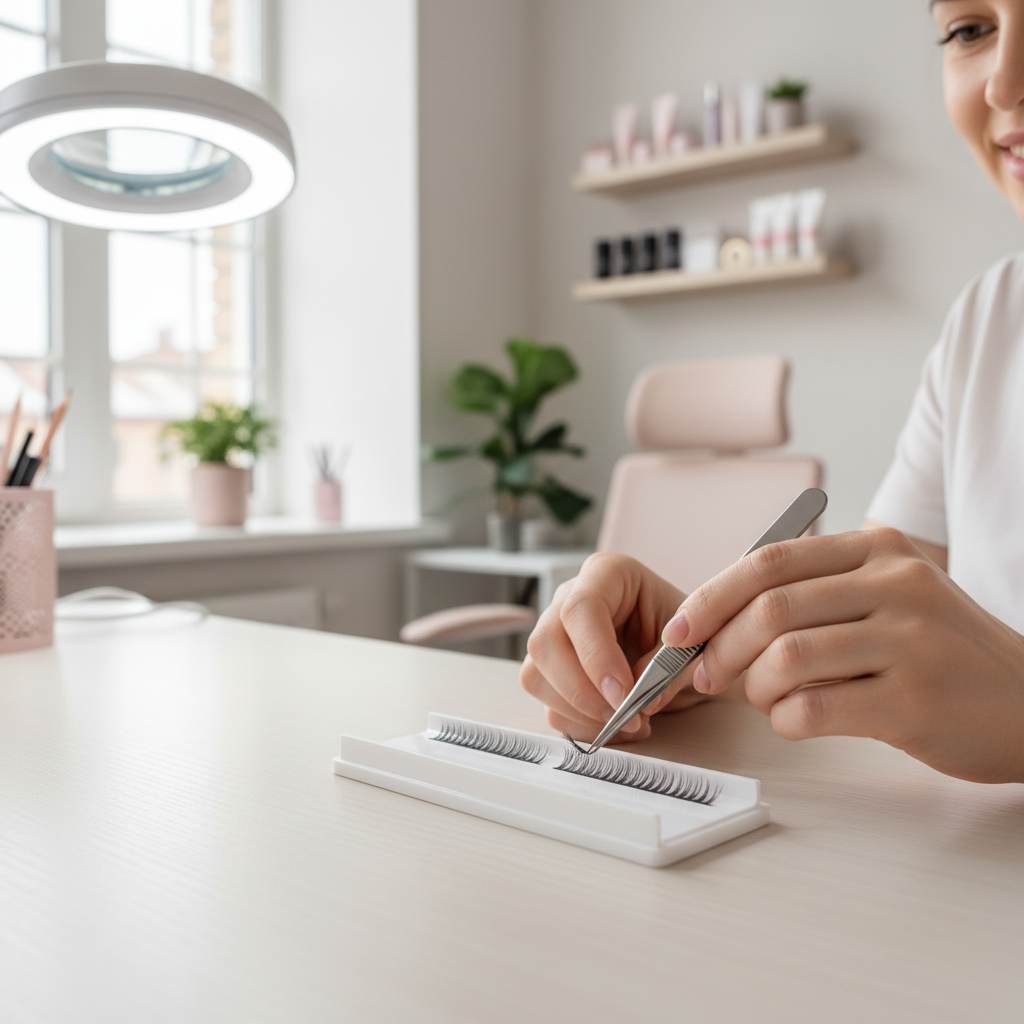 Lash artist applying volume fans