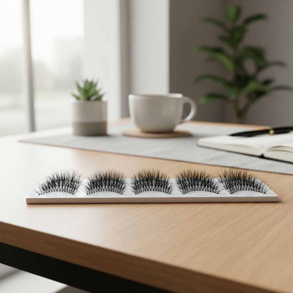 Professional wispy premade lash fans on a lash tile