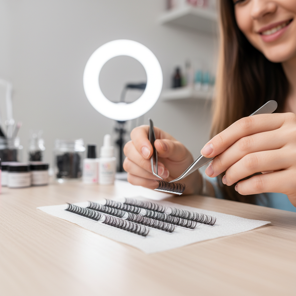 Lash artist using precision tweezers to pick up a 5D premade fan