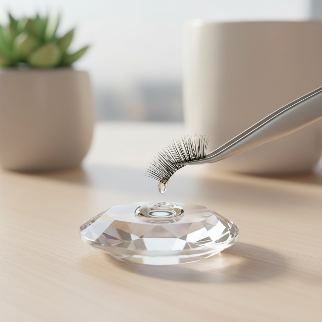 Thin lash adhesive drop on a jade stone