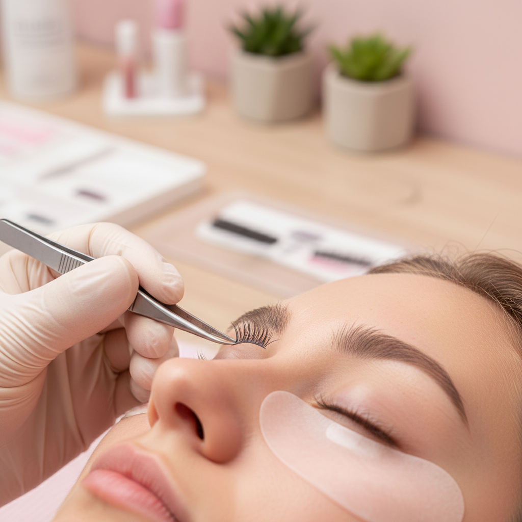 Lash artist using precision tweezers to apply a volume fan to a client