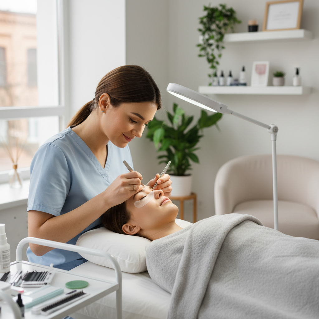 Professional lash technician applying volume lash extensions