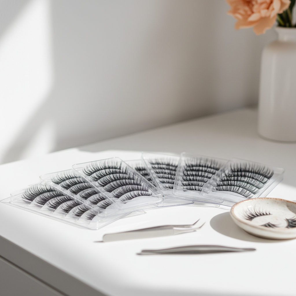 Professional premade lash fan trays organized on a white background