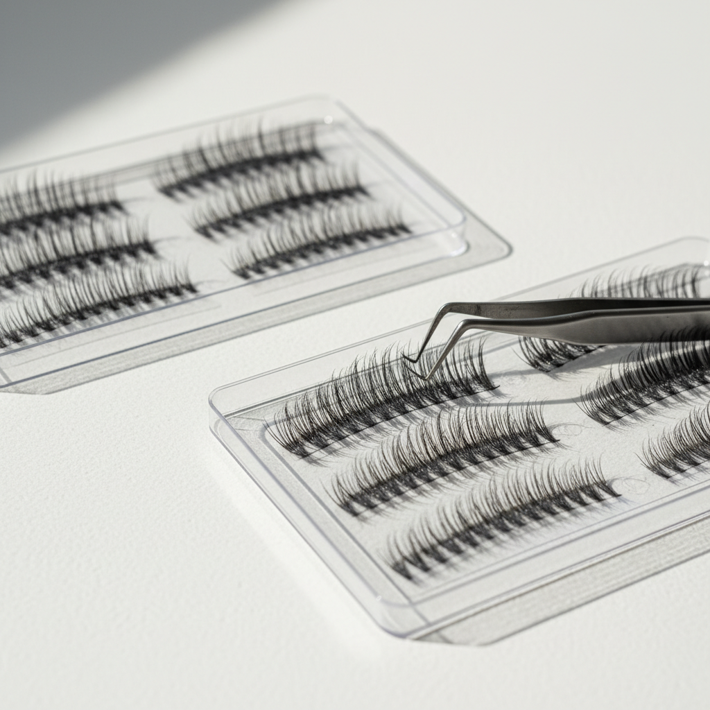 C and D curl premade lash fans displayed in professional trays