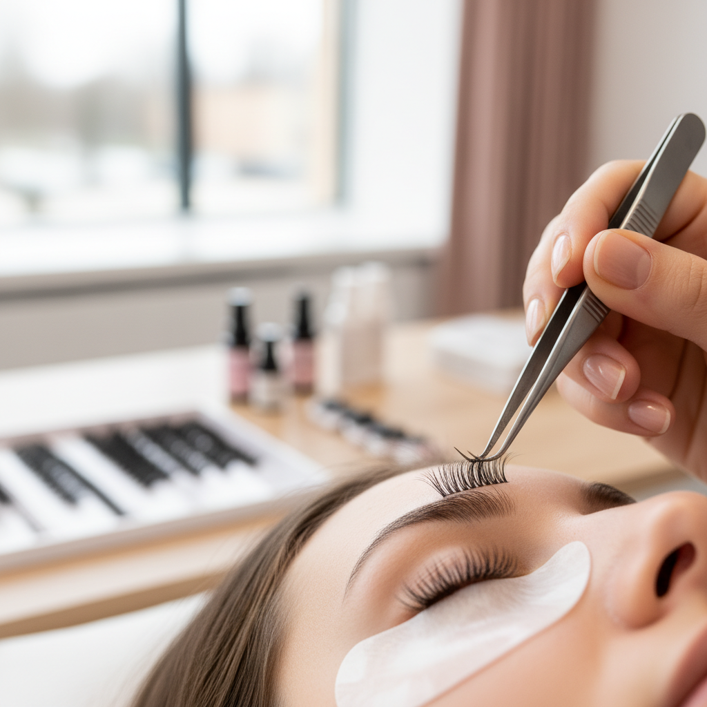 Lash technician applying volume fans in a salon
