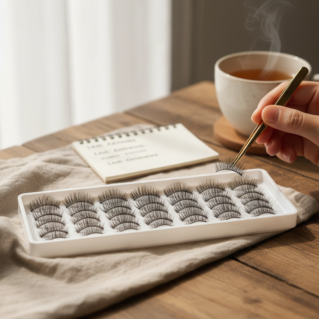 Close-up of Korean premade lash fans in a tray