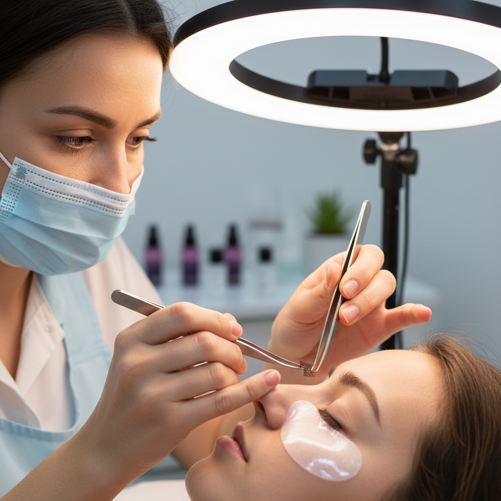 Lash artist applying a narrow premade fan