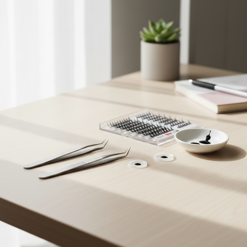 Professional lash tweezers and premade fans on a salon workspace