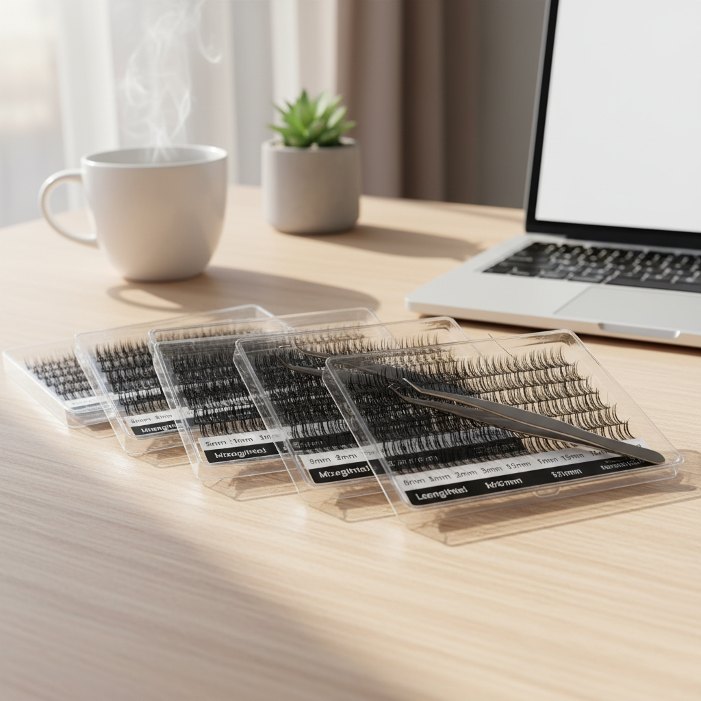 Close-up of a 16-row mixed length lash tray