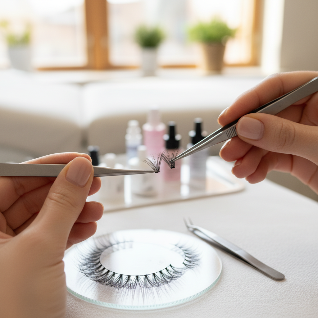Lash artist creating a fluffy fan with cashmere lashes