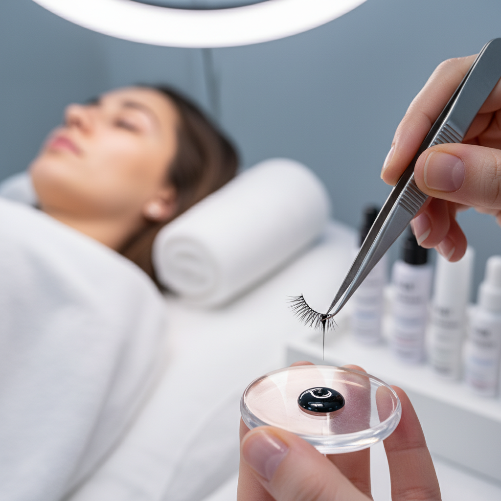 Lash artist dipping a premade fan into adhesive