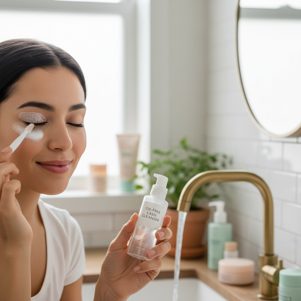 Person washing eyelash extensions with a soft brush