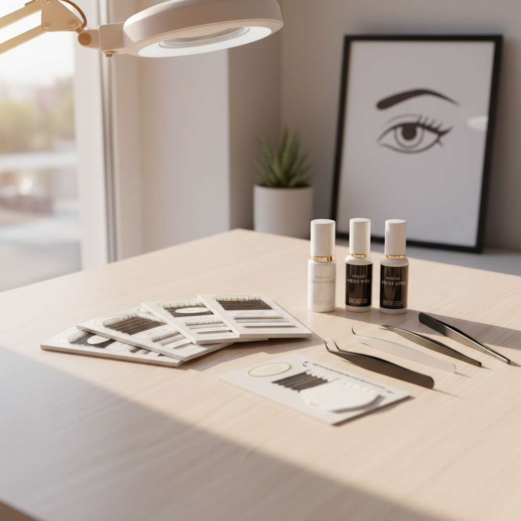 Assortment of lash extension sample packs and tools