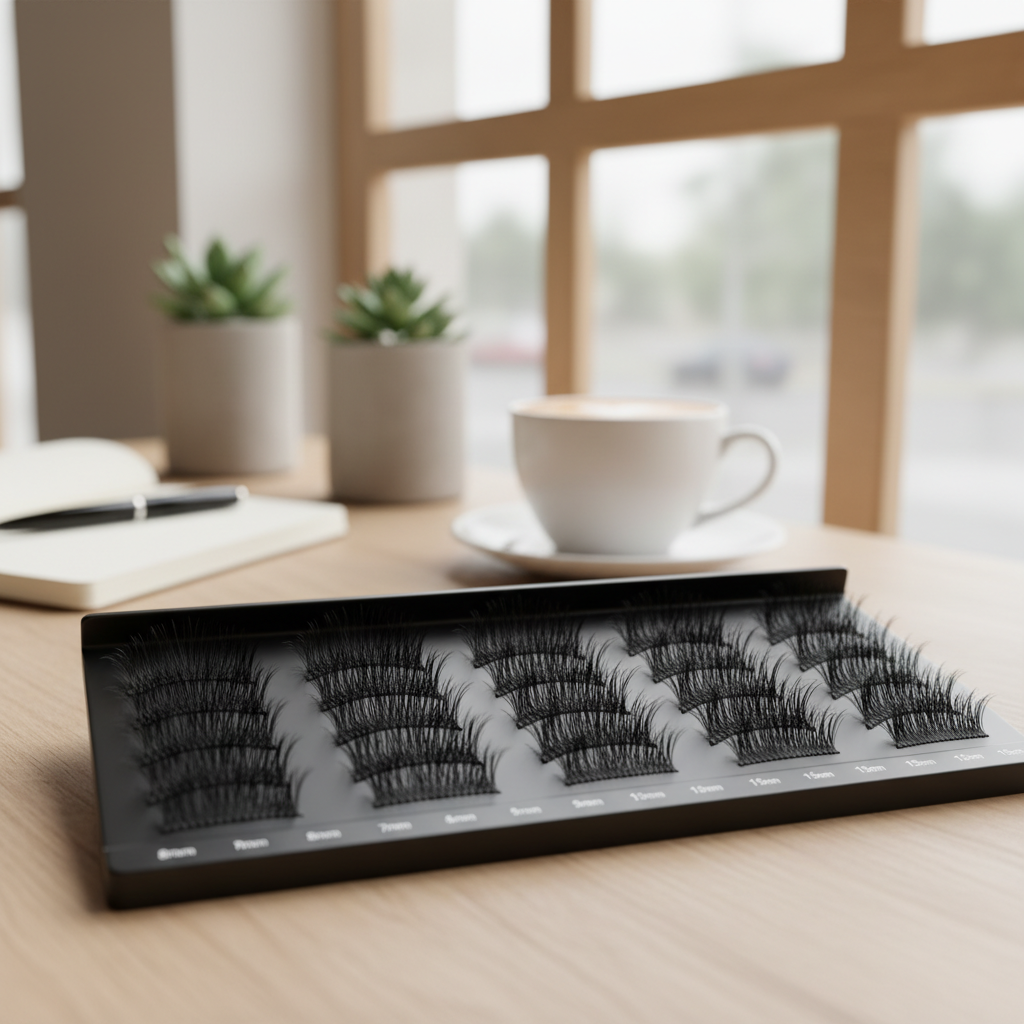 Lash tray with various lengths of matte black lashes