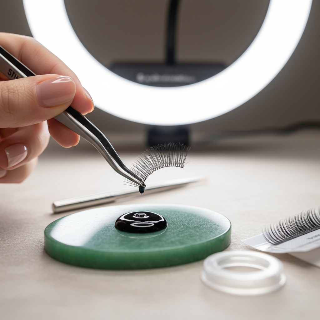 A 5D premade fan base being dipped into a drop of black lash adhesive