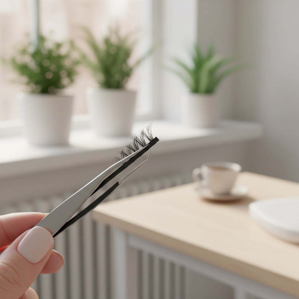 Glossy short stem lash fans being picked up by tweezers