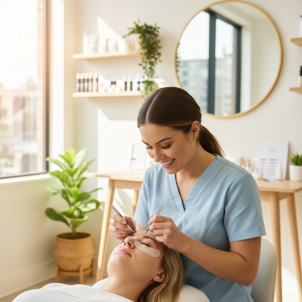 Lash technician applying extensions in a professional salon