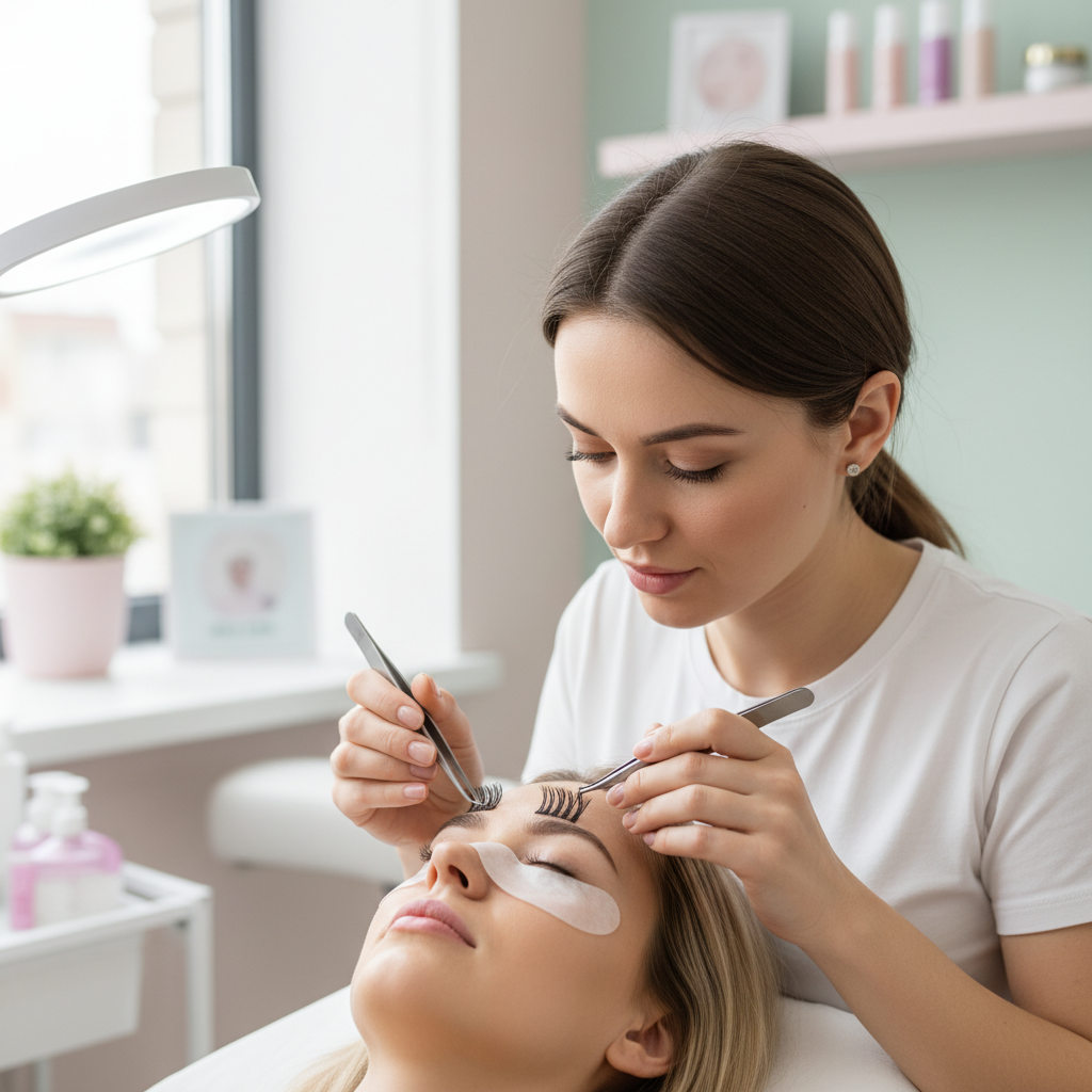 Lash technician applying extensions in a professional setting