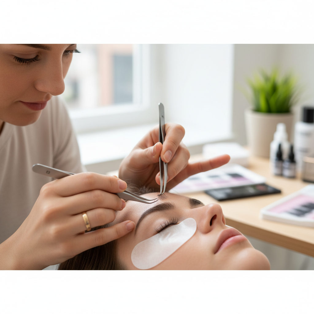 Lash artist applying promade fans to a client