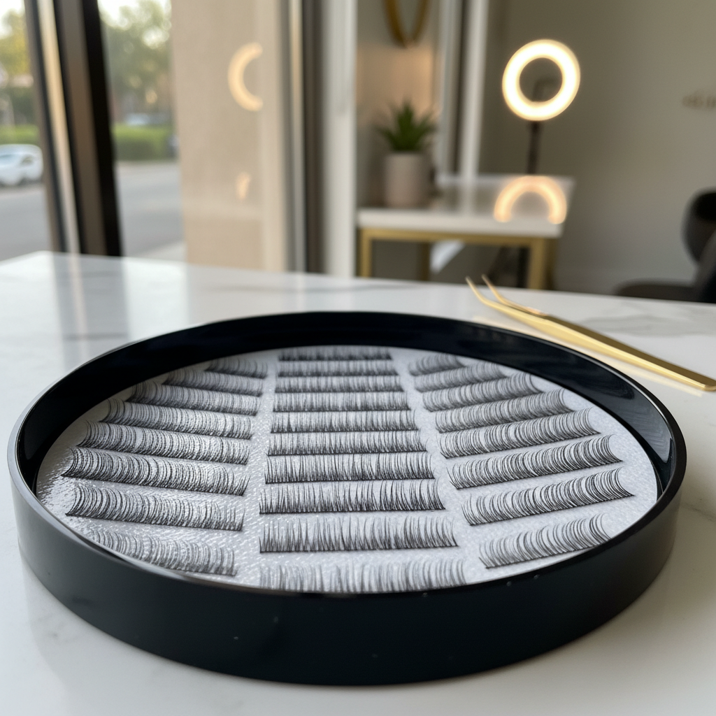 Professional promade lash fans in a tray
