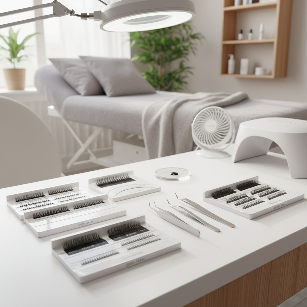 Professional lash extension workspace with high-quality premade lash trays and tools
