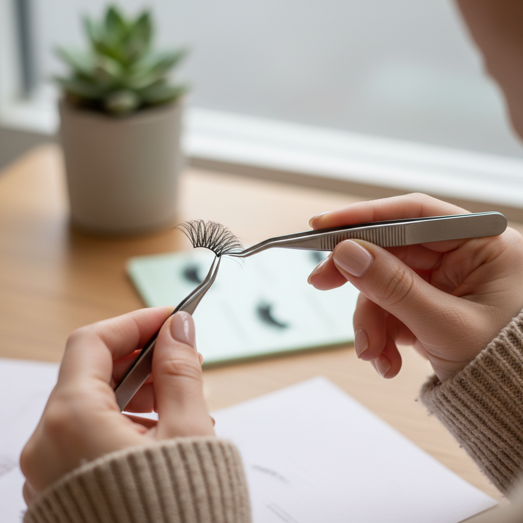 Handcrafted pro-made volume lash fan held by tweezers