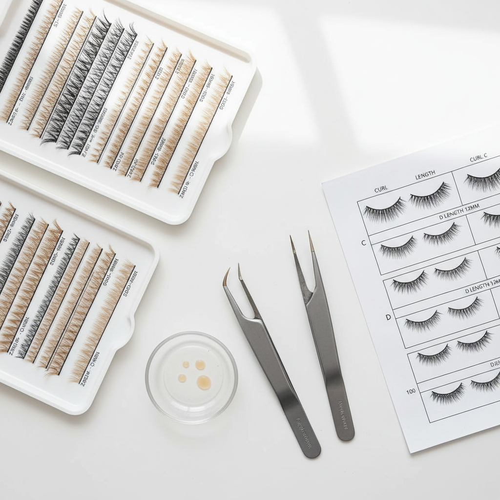 Organized premade lash fans on a technician's workspace