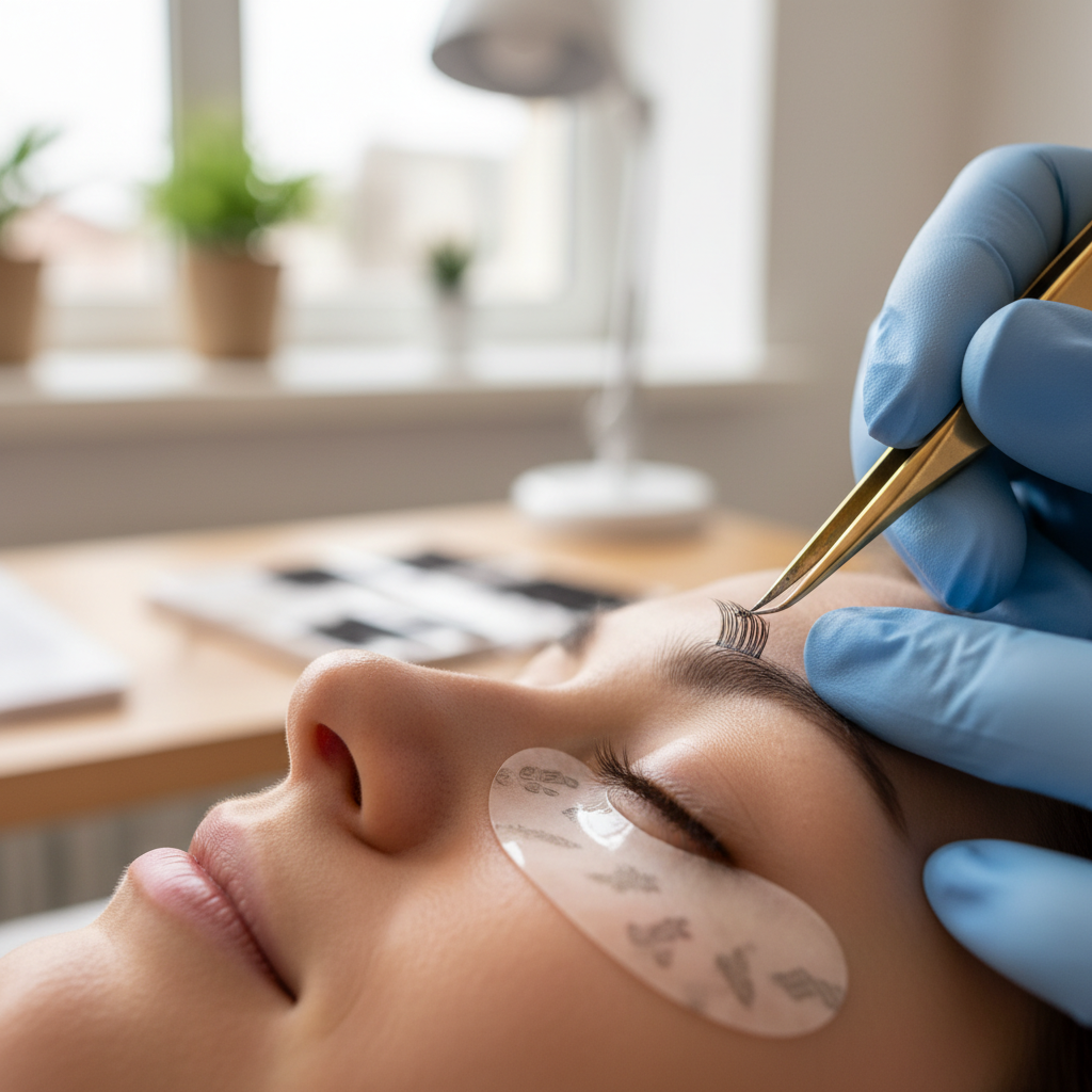 Lash artist applying a short stem fan