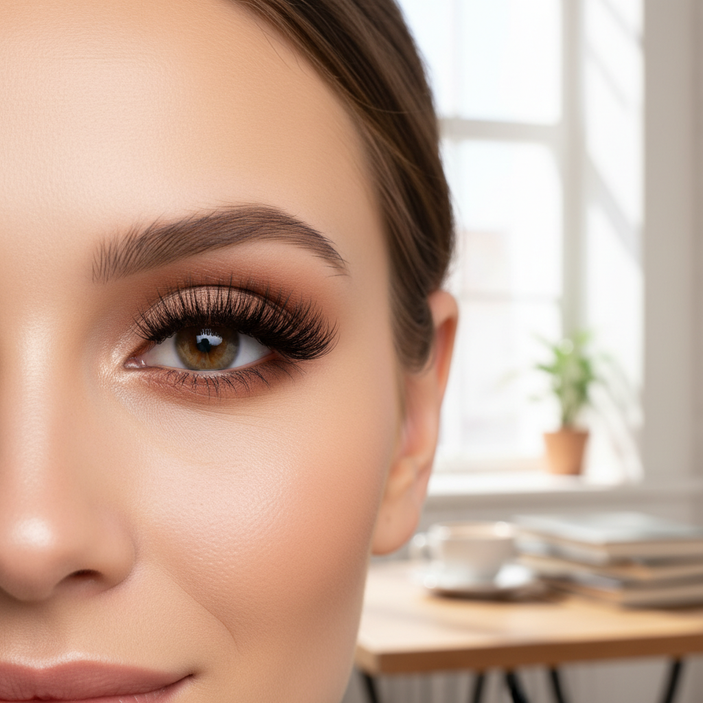 Close-up of fluffy soft matte black volume lash extensions