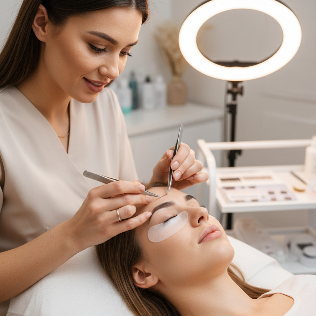 Lash artist applying premade fans to a client