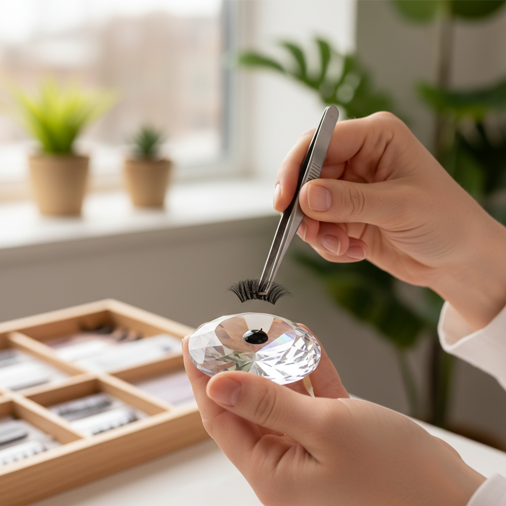 Lash artist dipping a fan into adhesive