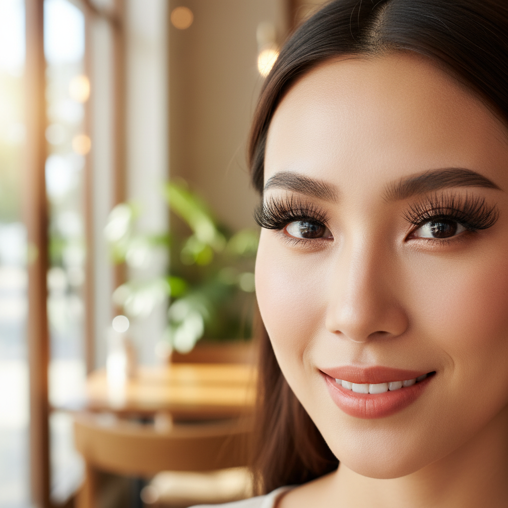 Glamorous wispy mega volume lash extension set on a model